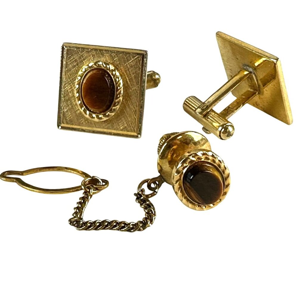 Vintage Gold Tone Cufflinks & Tie Tack Set With Tigers Eye Gemstone